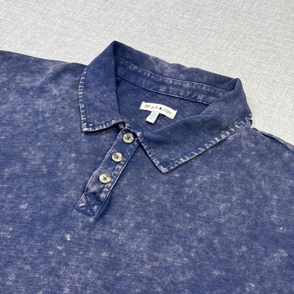 32 Bar Blues Polo Shirt Mens 2XL Blue Short Sleeve Acid Wash 100% Cotton